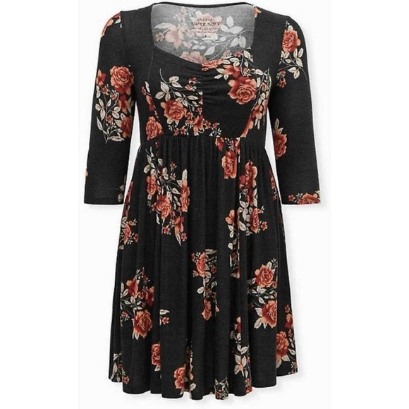 Autumn Orange Black Floral Skater Dress Size 4X (26) NEW Torrid Plush Super Soft - Picture 1 of 10